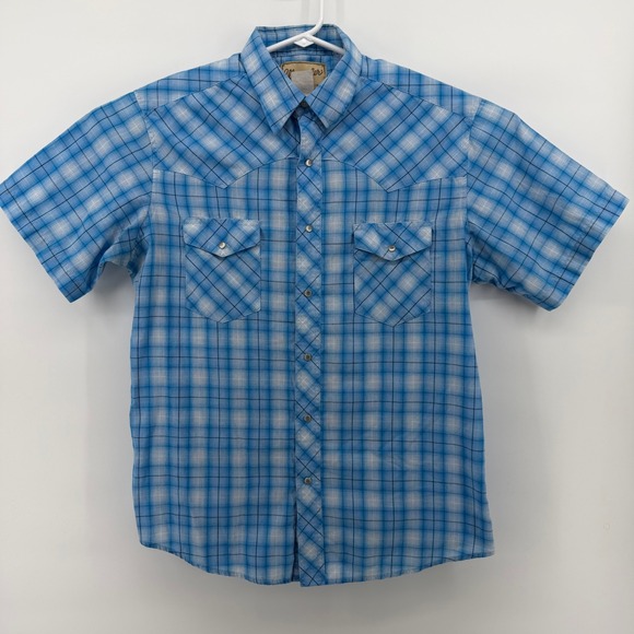 Wrangler Men's L Blue Plaid Pearl Snap Western Shirt Short Sleeve Rodeo Cowboy - Picture 2 of 9